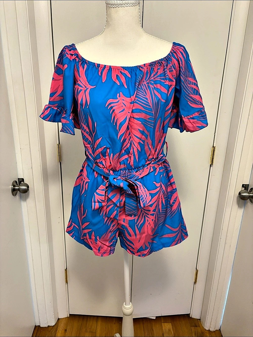 SHEIN Cyla Romper Cyla Floral Off-Shoulder Romper Blue & Pink